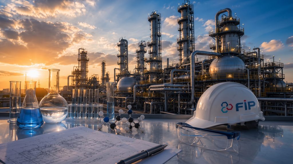 Installation pour le secteur de la chimie avec des équipements de sécurité, plans et fioles