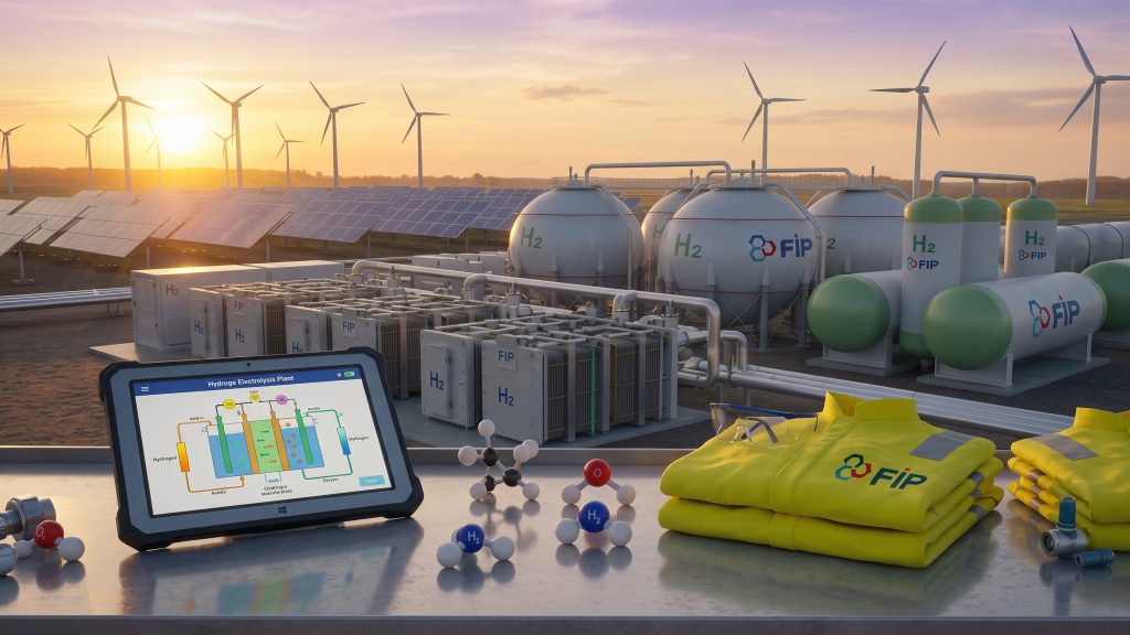 stockage hydrogène avec equipements FIP et des éoliennes dans le fond